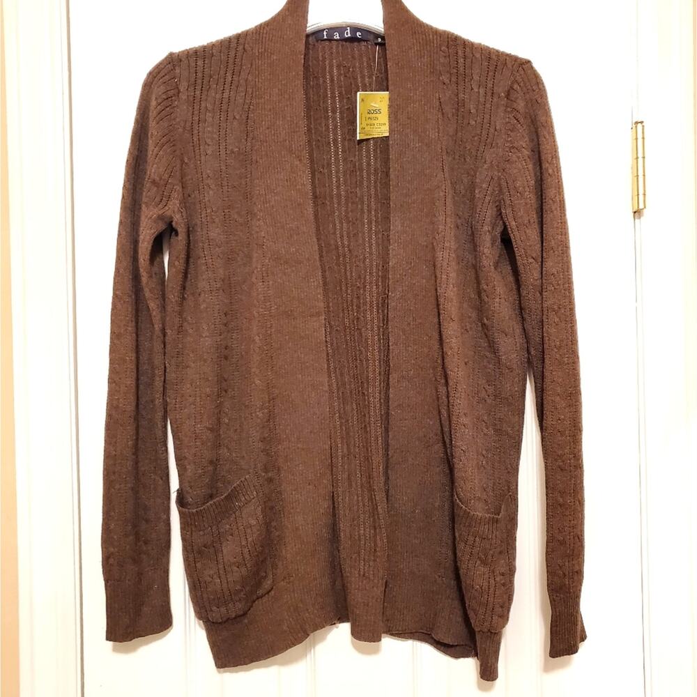 Sz Small FADE Brown Lightweight Cable-Knit Open Cardigan